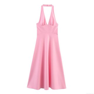 Women's Halter Neck Backless Midi Dress Elegant V-Neck Sleeveless A-Line Polyester Party Dress Solid Pink Summer Vacation Evening Gown For Women
