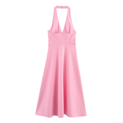 Women's Halter Neck Backless Midi Dress Elegant V-Neck Sleeveless A-Line Polyester Party Dress Solid Pink Summer Vacation Evening Gown For Women