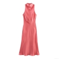 Women's Elegant Satin Midi Dress Sleeveless Mock Neck Drape Neckline Coral Pink Solid Color Cocktail Party Celebrity Style Slip Dress