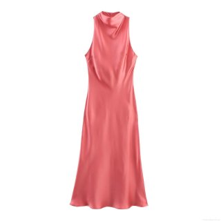 Women's Elegant Satin Midi Dress Sleeveless Mock Neck Drape Neckline Coral Pink Solid Color Cocktail Party Celebrity Style Slip Dress