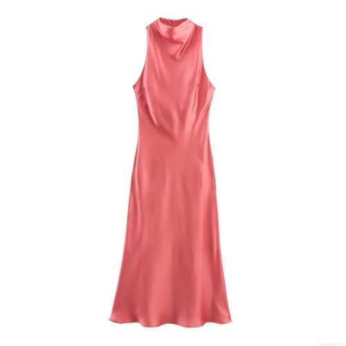 Women's Elegant Satin Midi Dress Sleeveless Mock Neck Drape Neckline Coral Pink Solid Color Cocktail Party Celebrity Style Slip Dress