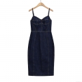 French Vintage Slim Fit Denim Look Midi Dress For Women Elegant Contrast Stitching V-Neck Camisole Slit Bodycon Polyester Jean Dress