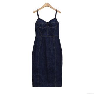 French Vintage Slim Fit Denim Look Midi Dress For Women Elegant Contrast Stitching V-Neck Camisole Slit Bodycon Polyester Jean Dress