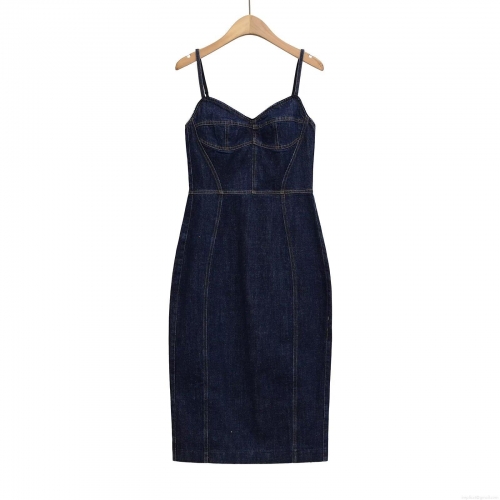 French Vintage Slim Fit Denim Look Midi Dress For Women Elegant Contrast Stitching V-Neck Camisole Slit Bodycon Polyester Jean Dress