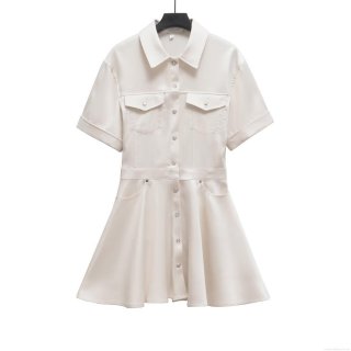 Women's Elegant Satin Lapel Short Sleeve Midi Dress Button Down A-Line Shirt Dress With Double Pockets Office Lady Cargo Style Solid Ivory White Dress