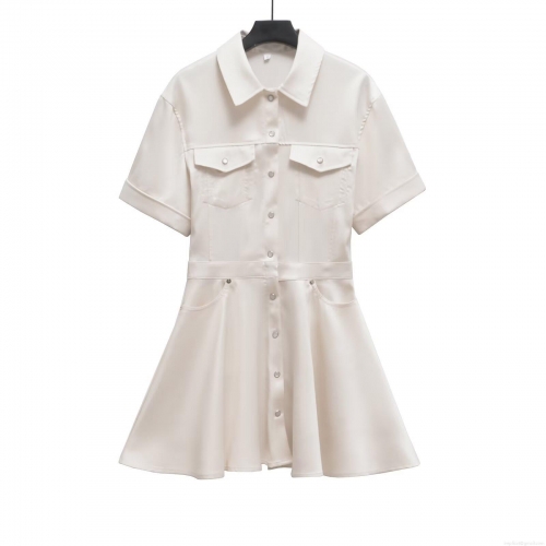 Women's Elegant Satin Lapel Short Sleeve Midi Dress Button Down A-Line Shirt Dress With Double Pockets Office Lady Cargo Style Solid Ivory White Dress