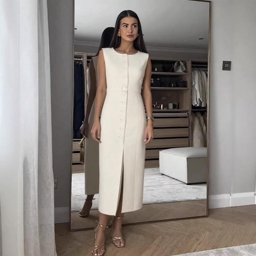 Women's Elegant Sleeveless Single Breasted Button Down Midi Dress With Belt Front Slit Solid Color Polyester Office Commute Daily Long Dress