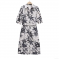 French Elegant 100% Cotton Midi Dress Women Tropical Palm Leaf Print Turn-down Collar Short Puff Sleeve Single Breasted Shirt Dress With Belt For Summer Vacation Party