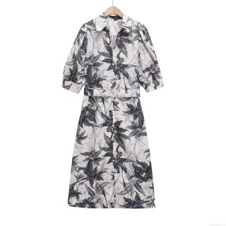 French Elegant 100% Cotton Midi Dress Women Tropical Palm Leaf Print Turn-down Collar Short Puff Sleeve Single Breasted Shirt Dress With Belt For Summer Vacation Party