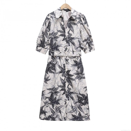 French Elegant 100% Cotton Midi Dress Women Tropical Palm Leaf Print Turn-down Collar Short Puff Sleeve Single Breasted Shirt Dress With Belt For Summer Vacation Party