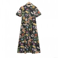 Vintage Floral Print Short Sleeve Midi Shirt Dress With Belt Polyester Elegant Women Fashion Summer Casual Button Down Dress