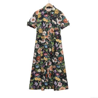 Vintage Floral Print Short Sleeve Midi Shirt Dress With Belt Polyester Elegant Women Fashion Summer Casual Button Down Dress