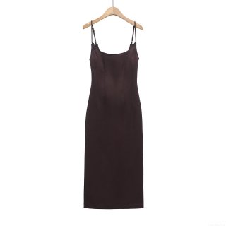 French Vintage Satin Cami Midi Dress For Women Elegant Bodycon Backless Split Party Evening Dress With Adjustable Straps Dark Brown