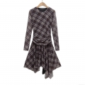 Elegant Plaid Mesh Midi Dress For Women Long Sleeve Ruched Asymmetrical Hem Retro Polyester Cotton Blend Bodycon Party Dress