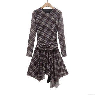 Elegant Plaid Mesh Midi Dress For Women Long Sleeve Ruched Asymmetrical Hem Retro Polyester Cotton Blend Bodycon Party Dress