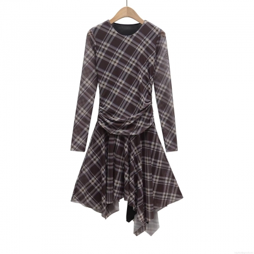 Elegant Plaid Mesh Midi Dress For Women Long Sleeve Ruched Asymmetrical Hem Retro Polyester Cotton Blend Bodycon Party Dress