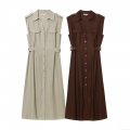 Women's Sleeveless Linen Texture Shirt Dress Elegant Lapel Button Down Midi Dress With Pockets Casual Workwear Vestidos