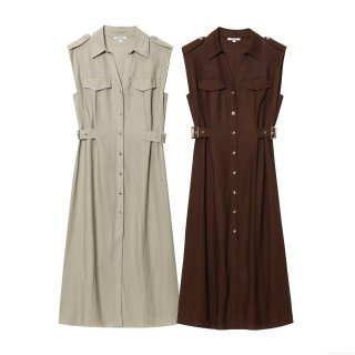 Women's Sleeveless Linen Texture Shirt Dress Elegant Lapel Button Down Midi Dress With Pockets Casual Workwear Vestidos