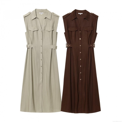 Women's Sleeveless Linen Texture Shirt Dress Elegant Lapel Button Down Midi Dress With Pockets Casual Workwear Vestidos
