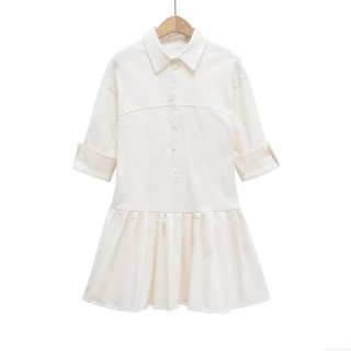 Women's White Cotton Shirt Dress Elegant Lapel Single Breasted Pleated Hem Midi Dress Casual Office Half Sleeve A-Line Dress for Women
