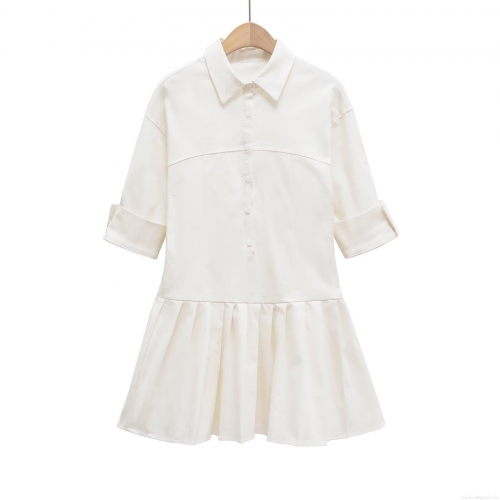 Women's White Cotton Shirt Dress Elegant Lapel Single Breasted Pleated Hem Midi Dress Casual Office Half Sleeve A-Line Dress for Women
