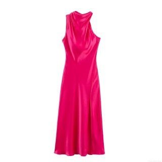 Elegant Halter Neck Satin Midi Dress Asymmetrical Slit Sleeveless Backless Sexy Bodycon Evening Party Dress For Women High Gloss Silky Texture Fuchsia Formal Gown