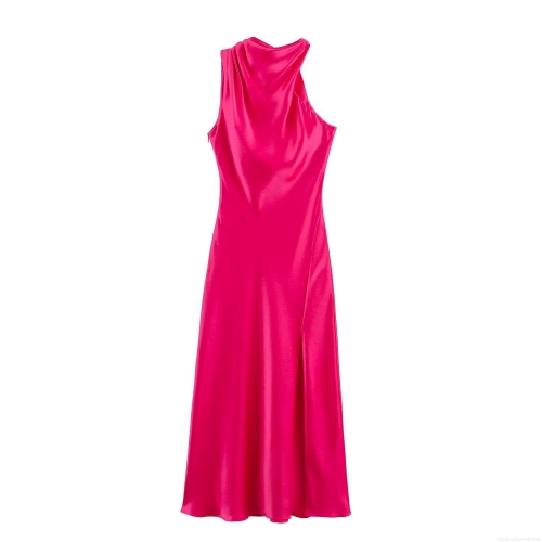 Elegant Halter Neck Satin Midi Dress Asymmetrical Slit Sleeveless Backless Sexy Bodycon Evening Party Dress For Women High Gloss Silky Texture Fuchsia Formal Gown