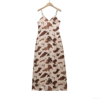 Women's Elegant Satin Cow Print Slip Midi Dress V Neck Adjustable Spaghetti Strap Sexy Backless Party Long Dress Streetwear