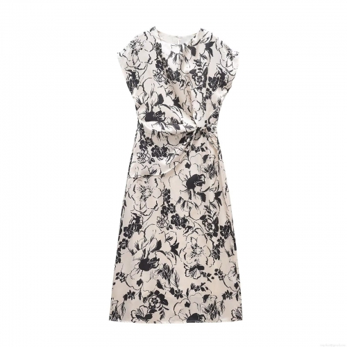 Elegant Satin Floral Midi Dress V-Neck Sleeveless Twist Knot Ruched Dress For Women Party Evening Banquet Dating Large Flower Print Polyester Dress