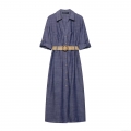 Women's Deep Blue Midi Shirt Dress Polyester Cotton Linen Blend Short Sleeve V-Neck Single Breasted Long Dress With Wood Buckle Straw Belt Elegant Casual European Style