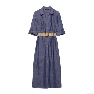 Women's Deep Blue Midi Shirt Dress Polyester Cotton Linen Blend Short Sleeve V-Neck Single Breasted Long Dress With Wood Buckle Straw Belt Elegant Casual European Style