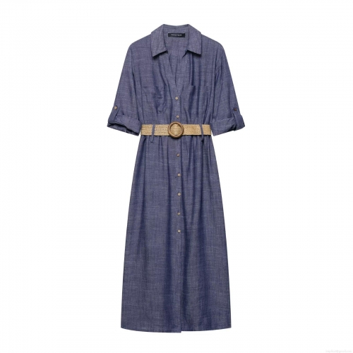 Women's Deep Blue Midi Shirt Dress Polyester Cotton Linen Blend Short Sleeve V-Neck Single Breasted Long Dress With Wood Buckle Straw Belt Elegant Casual European Style