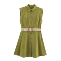 Women Summer Sleeveless Linen Blend Shirt Dress French Vintage Midi Dress With Woven Belt And Wood Buttons For Casual Vacation