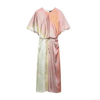 Women's Satin Tie-Dye Gradient Maxi Dress Elegant Short Batwing Sleeve Round Neck Drawstring Waist Long Dress For Party Vacation Summer Spring Fashion