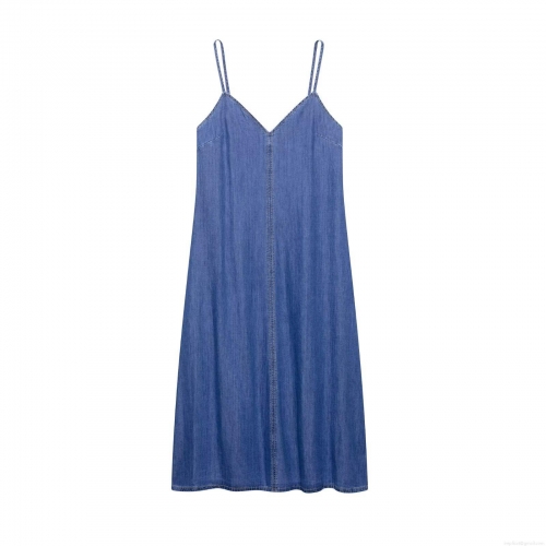 Women's Elegant Denim Midi Dress V-Neck Spaghetti Strap Sleeveless Polyester Blend Slim Fit Summer Casual Backless Party Dress