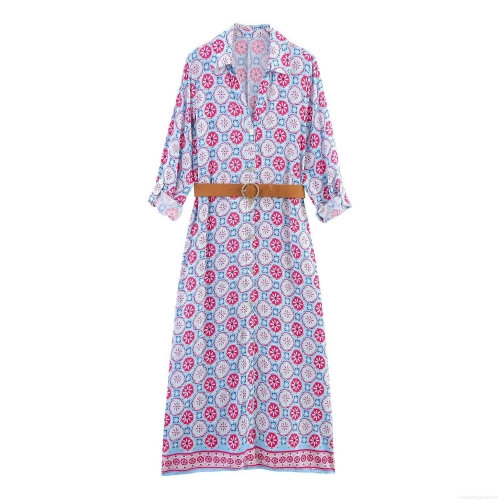 Women's Vacation Printed Long Sleeve Midi Dress With Brown Leather Belt Elegant Lapel Single Breasted Geometric Floral Maxi Shirt Dress For Spring Summer Beach Holiday