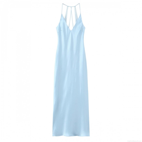 Women's Elegant Satin Midi Dress Sexy V Neck Spaghetti Strap Backless Lace Up Silk Texture Polyester Solid Color Long Dress For Evening Party Wedding