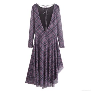 Elegant Women's Purple Plaid Mesh Dress Backless V-Neck Lace-Up Asymmetric Hem Ruffle Long Sleeve Polyester Dress For Party Fashion