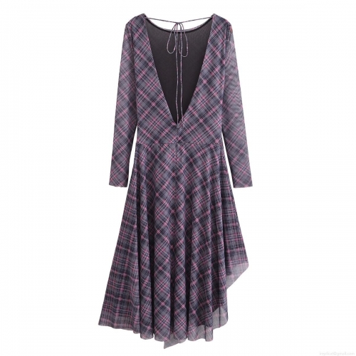 Elegant Women's Purple Plaid Mesh Dress Backless V-Neck Lace-Up Asymmetric Hem Ruffle Long Sleeve Polyester Dress For Party Fashion