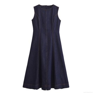 Women's Sleeveless Denim Midi Dress Contrast Stitching Slim Fit A-Line Denim Dress With Back Zipper Elegant Casual Party Dress For Women