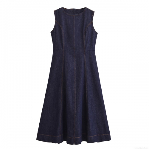 Women's Sleeveless Denim Midi Dress Contrast Stitching Slim Fit A-Line Denim Dress With Back Zipper Elegant Casual Party Dress For Women