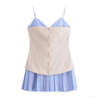 Women Elegant Splicing V-Neck Sleeveless Dress Sweet Poplin Patchwork Striped Pleated Midi Dress With Buttons Decor For Party Summer