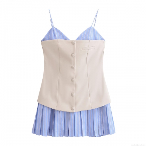 Women Elegant Splicing V-Neck Sleeveless Dress Sweet Poplin Patchwork Striped Pleated Midi Dress With Buttons Decor For Party Summer