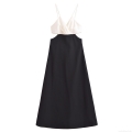 Women's Black and White Color Block Midi Dress Elegant Cut Out Waist V Neck Sleeveless Satin Polyester Evening Party Socialite Sling Dress