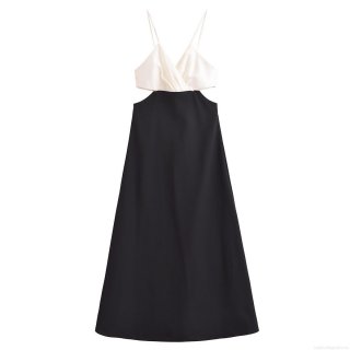 Women's Black and White Color Block Midi Dress Elegant Cut Out Waist V Neck Sleeveless Satin Polyester Evening Party Socialite Sling Dress