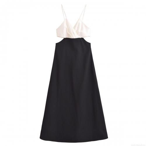 Women's Black and White Color Block Midi Dress Elegant Cut Out Waist V Neck Sleeveless Satin Polyester Evening Party Socialite Sling Dress