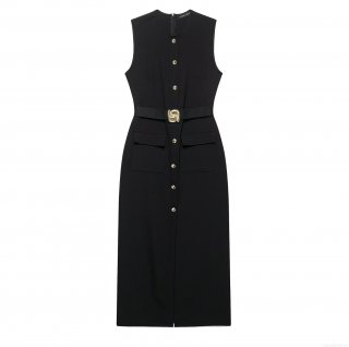 Women's Elegant Sleeveless Midi Dress With Gold Buttons And Waist Belt Solid Black Crepe Crew Neck Slim Fit Party Office Dress