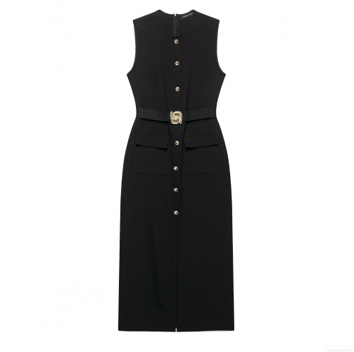 Women's Elegant Sleeveless Midi Dress With Gold Buttons And Waist Belt Solid Black Crepe Crew Neck Slim Fit Party Office Dress