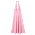 Women's Elegant Pink Halter Neck Midi Dress Sexy Deep V Neck Backless A-Line Swing Skirt Polyester Slim Fit Dress For Party Wedding Guest Vacation