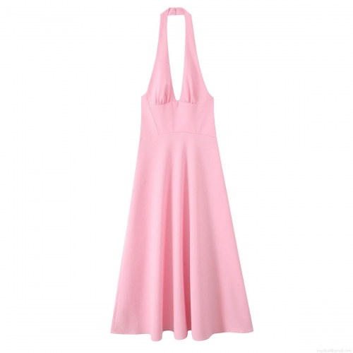 Women's Elegant Pink Halter Neck Midi Dress Sexy Deep V Neck Backless A-Line Swing Skirt Polyester Slim Fit Dress For Party Wedding Guest Vacation